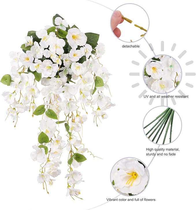 Artificial Hibiscus Fake Hanging Flowers Plants for Outdoor Spring Summer Decoration, 4pcs White Silk Hibiscus Long Trailing Vines UV Resistant Realistic Faux Flower for Outside Front Door Porch Patio