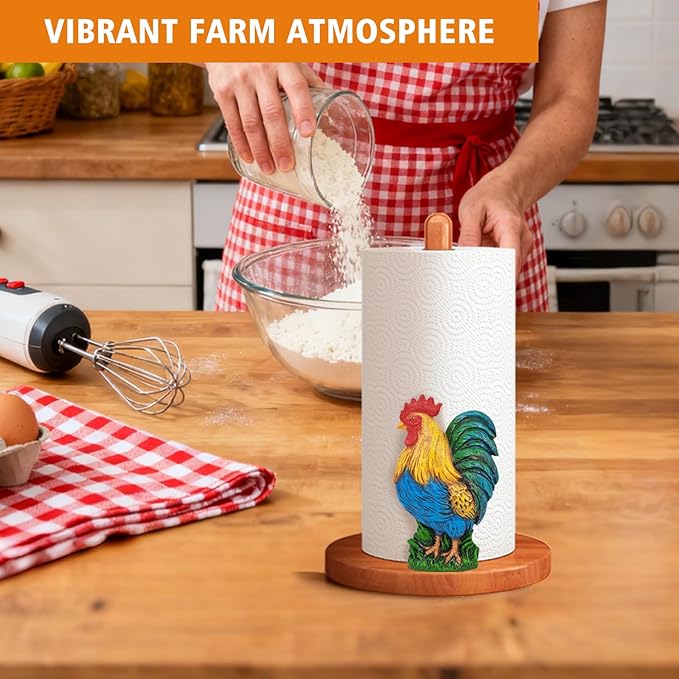 Rooster Kitchen & Bathroom Decor, Rooster Gifts for Women, 3D Modern Chicken Farmhouse Kitchen Countertop Decor, Cute Wooden Paper Towel Holder, Home Indoor Table Accessories, Housewarming Gifts