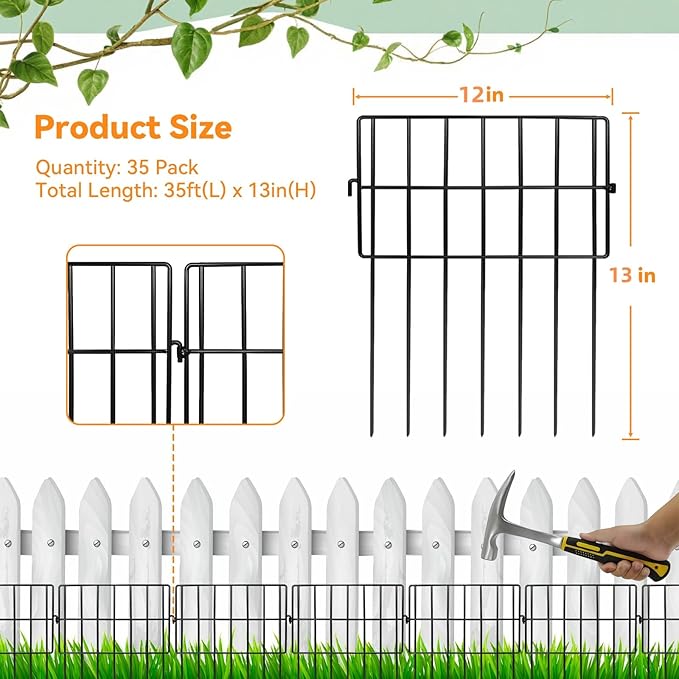 35 Pack Animal Barrier Fence No Dig Garden Defense, 35ft(L) x 13in(H) Rabbit Proof Garden Fencing with 1.2in Gaps, Metal Rabbit Fence, Dog Blocker Under Barriers for Flower Beds & Patio