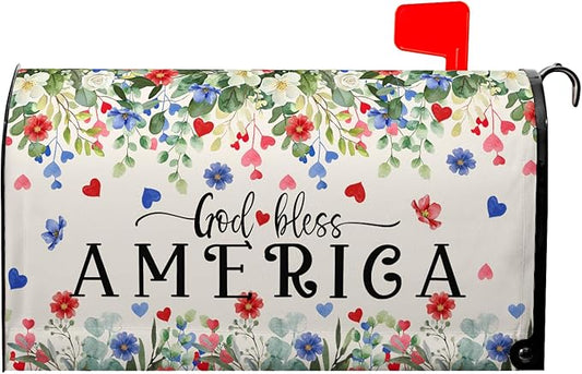 God Bless Patriotic Mailbox Covers 4th of July Mailbox Cover Magnetic Standard Size 21x18 in Red and Blue Floral Post Letter Box Cover Wrap Outdoor Decor for Garden Eucalyptus Leaf