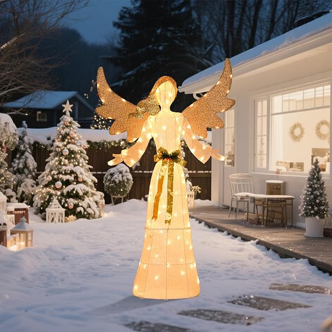 5 FT Christmas Angel Outdoor Decorations, 3D Pre-lit Glittered Angel with Bow and Ground Stakes Collapsible Winged Christmas Angel for Indoor Outdoor Garden Yard Lawn Holiday Display