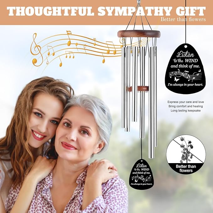 Personalized Memorial Wind Chimes for Loss of Loved One Custom Sympathy Wind Chime Deep Tone with Photo Text Engraved Outdoor Bereavement Condolence Remembrance Funeral Gifts Mom Dad Dog Pet