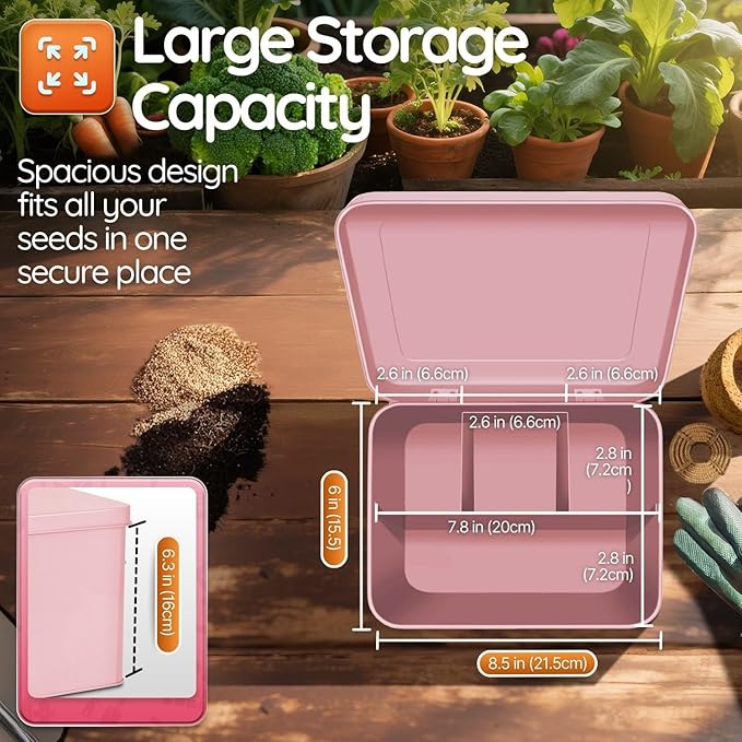 Flexzion Tin Storage Box with Removable Tray, 8 Inch Seed Organizer Box and Metal Seed Holder Organizer with Hinged Lid, Toolbox Container for Crafts, Hardware, Tools, Essentials, Pink