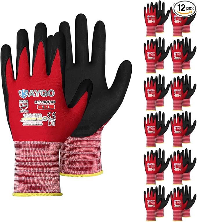KAYGO Safety Work Gloves MicroFoam Nitrile Coated, 12 Pairs KG18NB,Seamless Knit Nylon Glove for Men and Women, Ideal for Automotive,Warehouse,Construction (L, Purple)