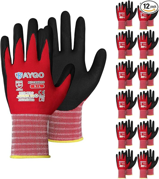KAYGO Safety Work Gloves MicroFoam Nitrile Coated, 12 Pairs KG18NB,Seamless Knit Nylon Glove for Men and Women, Ideal for Automotive,Warehouse,Construction (L, Purple)