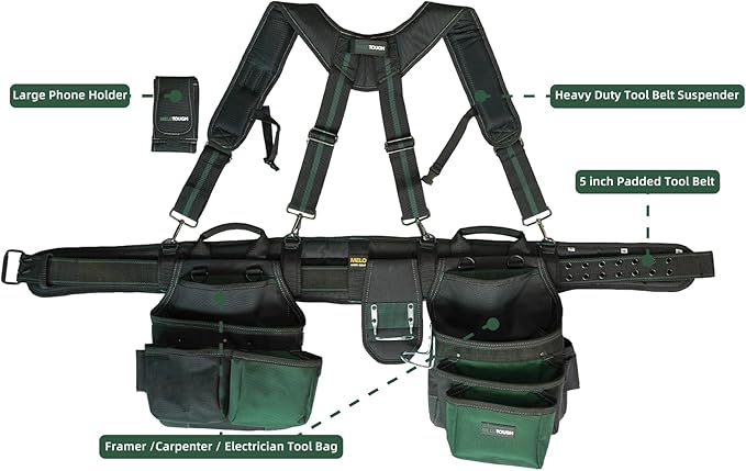 MELOTOUGH 28-Pocket Pro Framer's Combo Apron Tool Belt and Heavy Duty Padded Suspenders with Magnetic Desinger for Technician/Maintenance/Carpenter/and Electrician's Tools(Olive Green)