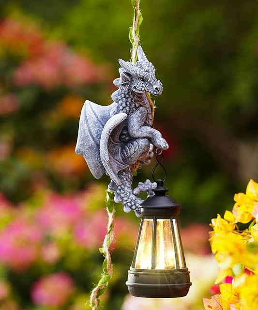 Nacome Dragon Outdoor Statues for Garden: Outside Hanging Climbing Sculptures with Lantern Decor for Yard Art Porch Balcony - Christmas Birthday Gifts for Grandma Mom Women