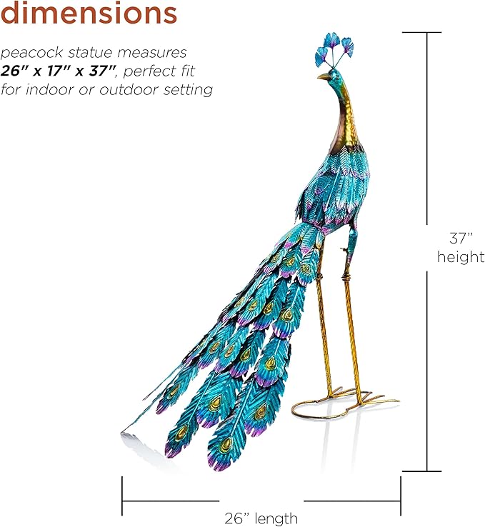 Alpine Corporation JUM207 Indoor Outdoor Metallic Peacock Standing Yard Statue Decoration, 37" Tall, Multicolor