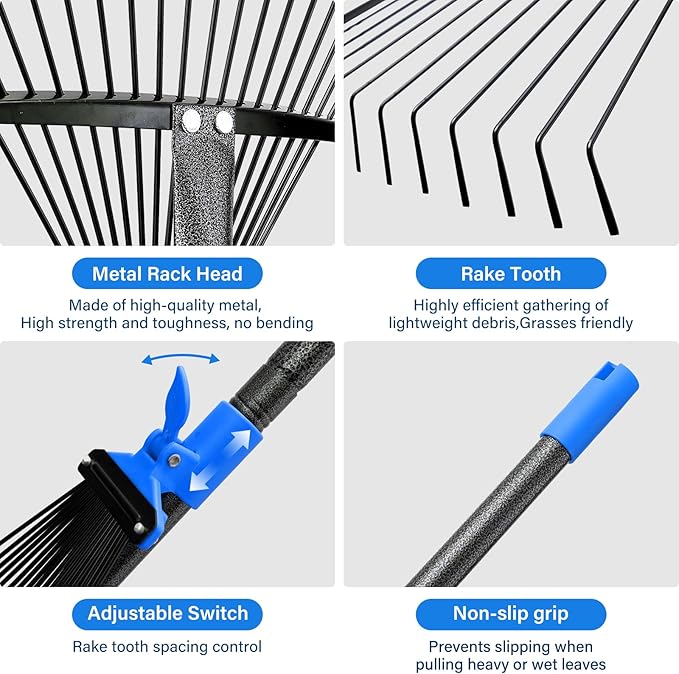 Lightweight Leaf Rake for Lawn, 8-17" Expandable Head with Metal Tines for Leaves, Shrubs & Small Areas, 75-Inch Adjustable Long Handle with Comfort Grip Senior Friendly