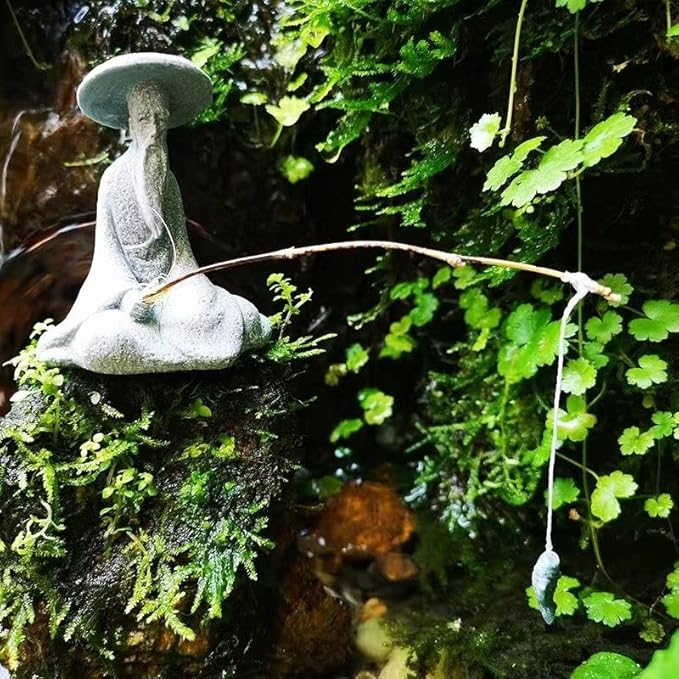 livelyfish Mini Fisherman Statue Asian Zen Decoration Sitting Fishing Figurines Sandstone Vintage Ornament for Aquarium Fish Tank Pot Garden Home Japanese Decor (B)