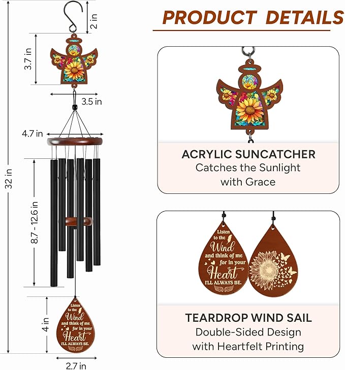 FLAGWIX Sympathy Gifts for Loss of Loved One - Christmas Memorial Wind Chimes for Outside 32 in - Large Outdoor Wind Chimes, Bereavement Gift Ideas, Condolence Memorial Gifts for Loss of Mom Dad