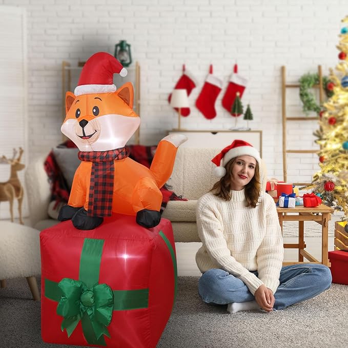 Christmas Inflatables Fox on Giftbox Lighted Yard Lawn Inflatable Decoration with Built-in Fan and Stakes Ropes Holiday Party Decor, Christmas Decor (5FT-Fox on GiftBox)