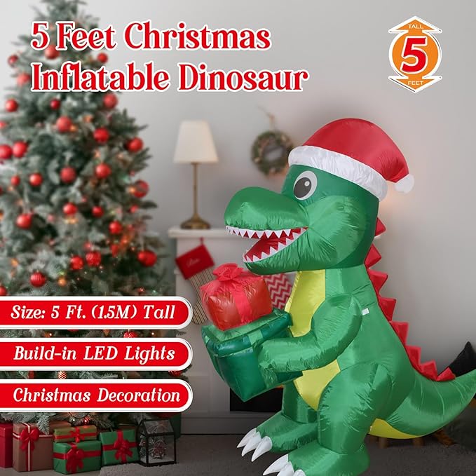Christmas Inflatables Dinosaur Lighted Yard Lawn Inflatable Decoration with Built-in Fan and Stakes Ropes Holiday Party Decor, Christmas Decor (5FT- Dinosaur Holds Giftbox)