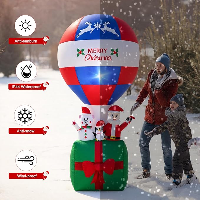 7FT Christmas Inflatable Hot Air Balloon Santa Decoration,Blow Up Outdoor Holiday Decor with Santa,Polar Bear and Penguin Figures,Built-in LED Lights Decoration for Xmas Party,Garden,Lawn,New Year
