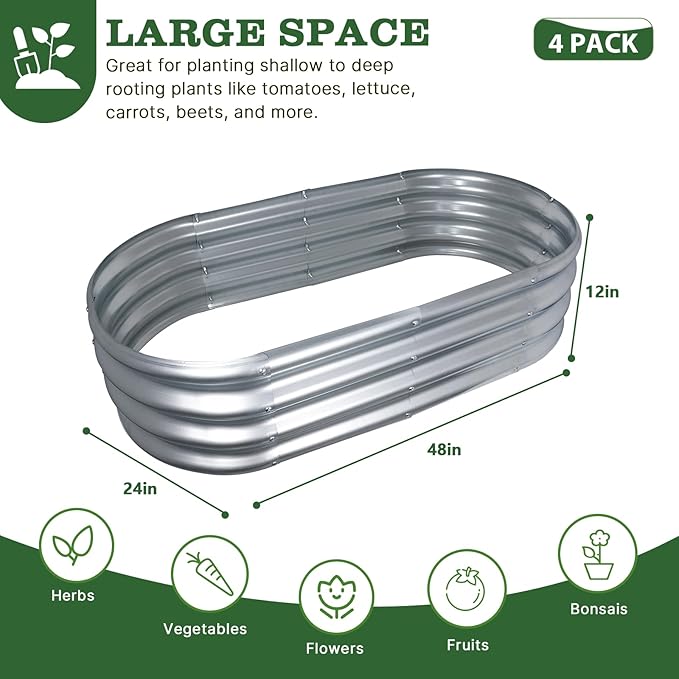 4-Pack 4 * 2 * 1FT Raised Garden Bed Kits, Outdoor Oval Metal Galvanized Ground Planter Garden Boxes for Planting Plants Vegetables Flowers Herbs Fruits, Silver