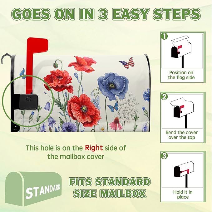 Red Blue Floral Mailbox Covers 4th of July Mail Box Covers Magnetic Standard Size 21x18 inch Patriotic Butterfly Flower Post Letter Box Cover Wrap Decorative Mailboxes for Outside Garden