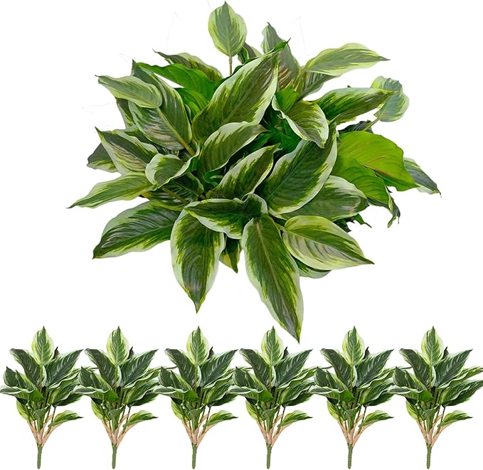 6PCS Artificial Tropical Green Plants – 19.6" Fake Hostas Outdoor Artificial Plants, UV Resistant, Faux Green Leaf Stems for Porch, Patio, Balcony, Garden Planter or Indoor Décor