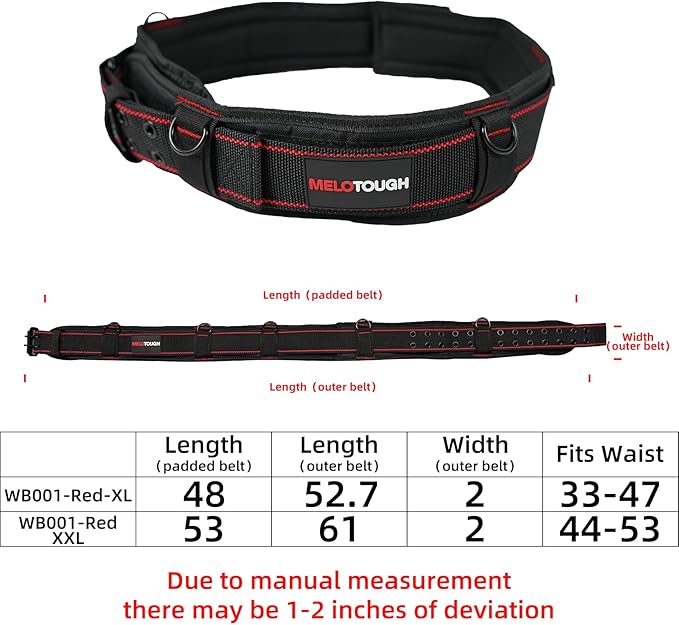 MELOTOUGH Padded Tool Belt with D ring for men construction Strong Durable Double Metal Roller Buckle,adjustable waist 44'-53'thick confortable foam padding (XXL)