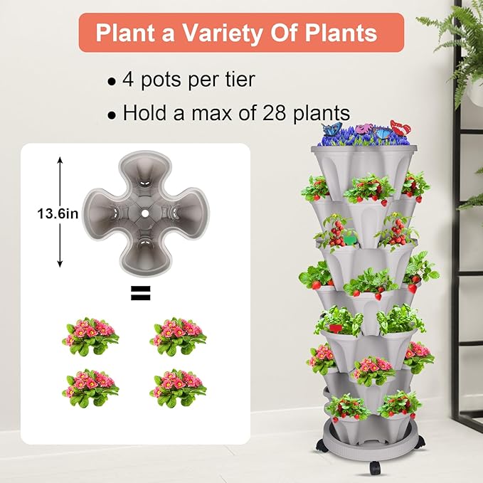 GameXcel Vertical Planter, 7 Tier Stackable Strawberry Planter with Garden Tool Set, Movable Indoor/Outdoor Garden Herb Pot for Growing Vegetables and Succulents, Gray