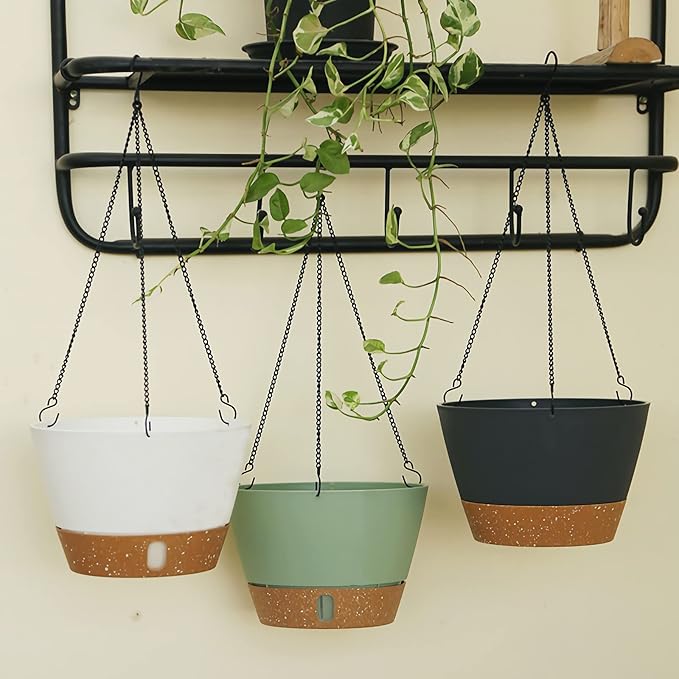 ZMTECH 2 Pack 10 Inch Hanging Planters for Outdoor Plants, Hanging Pots for Plants Indoor with Visible Water Level, Hanging Flower Basket with Drainage Holes & Removable Tray(Green)