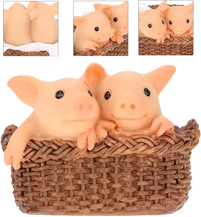 Pig Statue Mini Pig Figurine, Resin Home Decor, Lucky Animal Garden Statue for Micro Landscape (Pig in Small Basket)