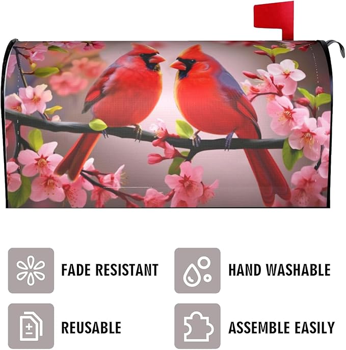 Cardinal Flowers Mailbox Covers, Spring Summer Sakura Red Birds 25.5x21 in Magnetic Mailbox Cover, Post Letter Box Case for Yard Garden Decorations Larger Size