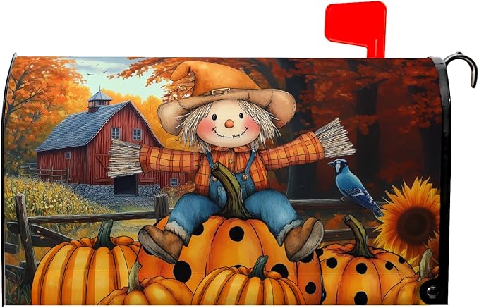Fall Mailbox Covers Magnetic Scarecrow Pumpkin Mailbox Cover Standard Size 21x18 inch Harvest Autumn Sunflower Post Letter Box Cover Wrap for Outdoor Garden Decor Maple Leaves
