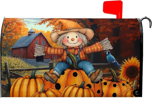 Fall Mailbox Covers Magnetic Scarecrow Pumpkin Mailbox Cover Standard Size 21x18 inch Harvest Autumn Sunflower Post Letter Box Cover Wrap for Outdoor Garden Decor Maple Leaves