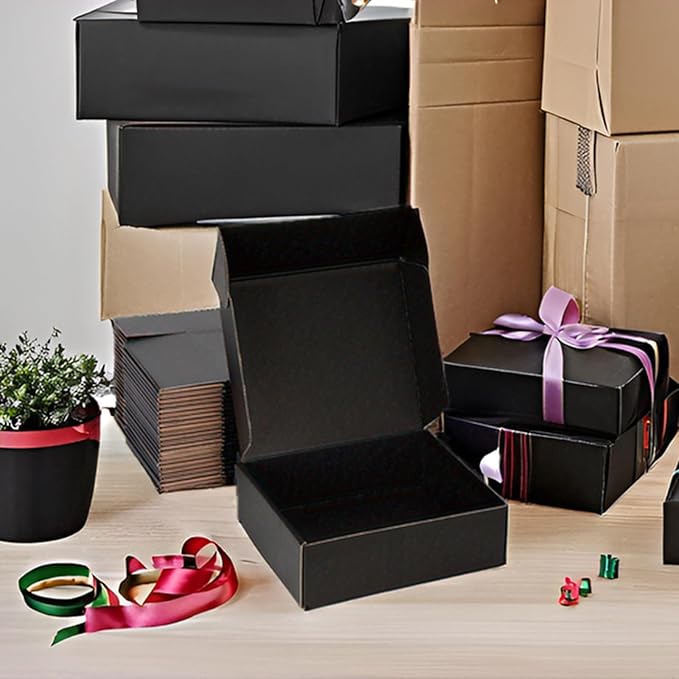 Small Shipping Boxes 10x8x3 Inch (25 Pack) - Sturdy Black Corrugated Cardboard Boxes for Small Business, Ecommerce, Mailing & Packaging | Recyclable Gift & Storage Boxes