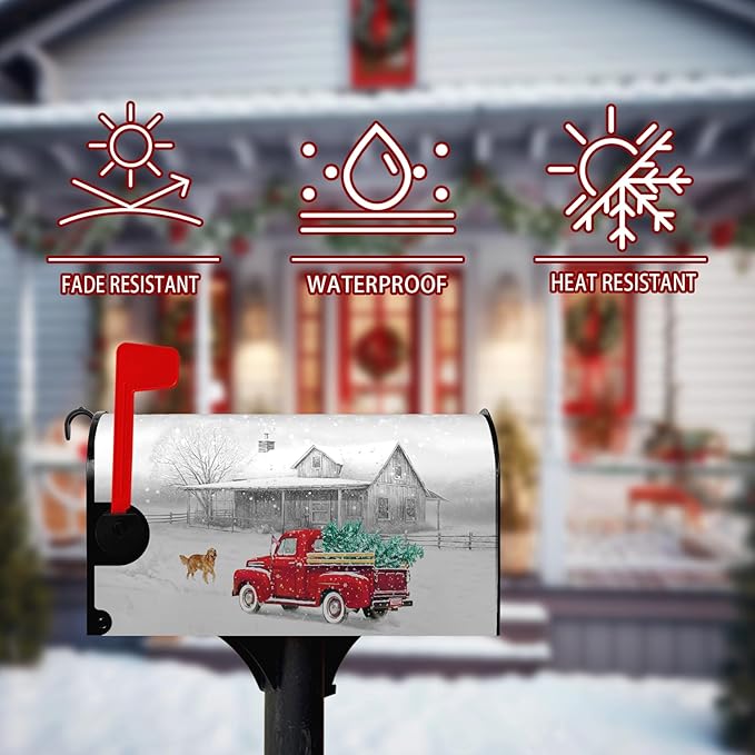 Winter Mailbox Cover Red Truck Snowflake Mailbox Wrap with Magnetic Strip Christmas Dog Snowy Letter Post Box Cover Decoration Welcome Home Outdoor Standard Size 21" Lx 18" W