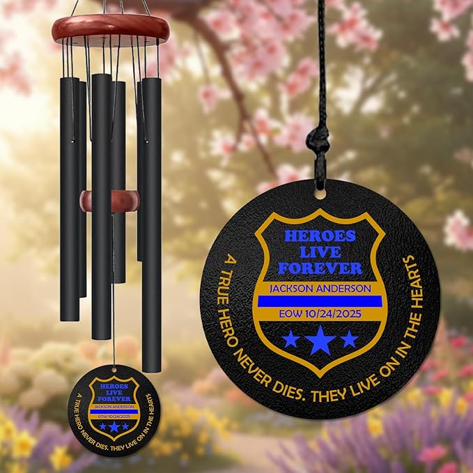 Personalized Police Memorial Wind Chime – “Heroes Live Forever” Custom Engraved Name & Eow Date – Blue Honor Line Fallen Officer Sympathy Gift – Memorial Windchime Tribute for Law Enforcement Heroes