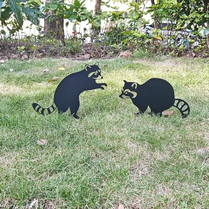 2 Pack Raccoon Metal Garden Stakes for Outdoor Decor – Cute Animal Yard Art for Garden, Lawn, or Pathway – Weather-Resistant Black Silhouette Statues, Unique Gift for Nature & Wildlife Lovers