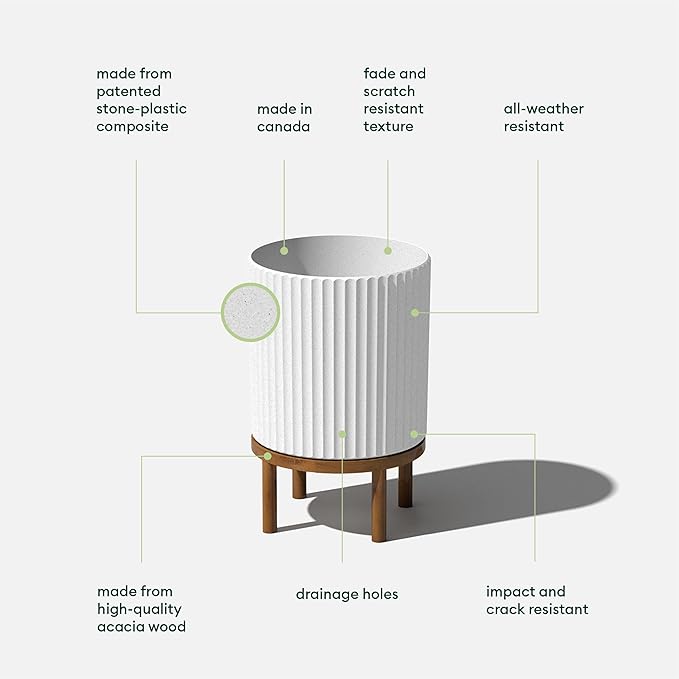 Veradek Demi Series Round Planter w/Stand for Porch/Patio | Durable Plastic-Stone Composite & Wooden Stand | Modern Décor for Tall Plants, Flowers
