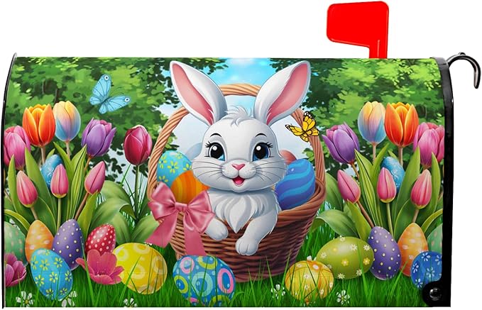 Easter Mailbox Covers Magnetic Rabbit Mailbox Cover Spring Colorful Tulips Post Letter Box Cover Outdoor Garden Holiday Decoration 21x18 in Eggs
