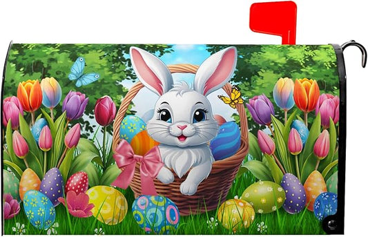 Easter Mailbox Covers Magnetic Rabbit Mailbox Cover Spring Colorful Tulips Post Letter Box Cover Outdoor Garden Holiday Decoration 21x18 in Eggs