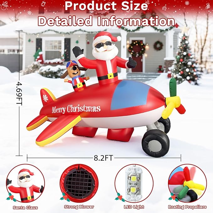 8FT Christmas Inflatables Airplane Outdoor Decorations Santa Claus on Flying Animated Helicopter Built-in LED Lights Xmas Inflatable Blow Up Christmas Yard Decor for Gardern Lawn Indoor Winter Holiday
