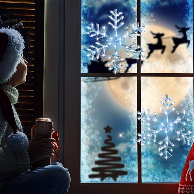 Christmas Window Snowflake Lights Decorations, Battery Operated Led Hanging Iron Lights, 8 Lighting Modes for Home Bedroom Indoor Outdoor Wall Holiday Decor (Cool White, 2 Pack)