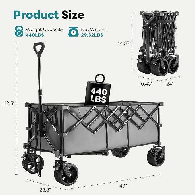 NEWBULIG Collapsible Wagon Cart - 440lbs Foldable Extra Long Heavy Duty Utility Wagon with Wheels, Portable Storage Grocery Cart for Camping, Shopping, Sports, Beach, Garden