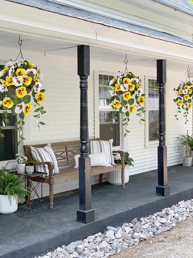 Briful Artificial Hanging Basket Outdoor Yellow&White Pansy Fake Flowers Realistic Silk Fall Bloom Faux Flowers Coconut Basket for Home Decor Indoor Farmhouse Balcony Patio Garden