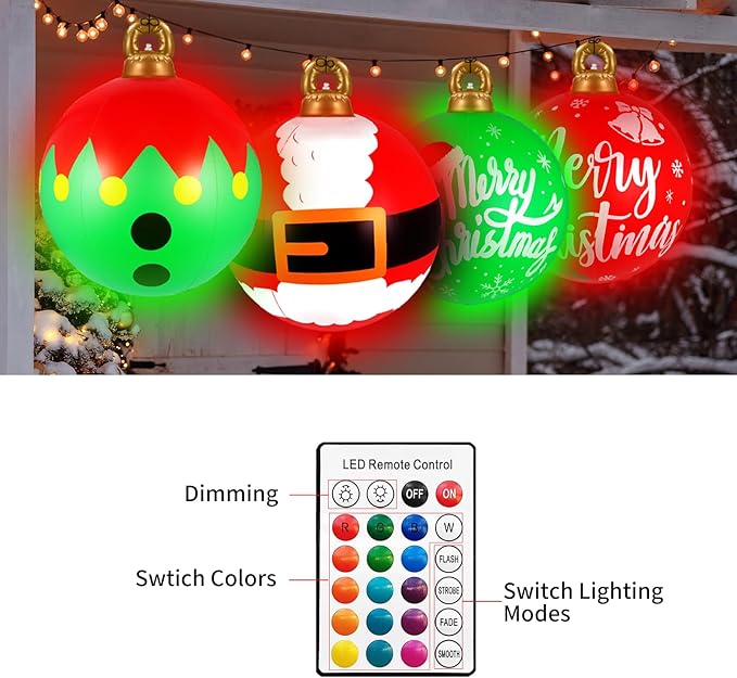 [Light up] Inflatable Ornaments Balls Outdoor 4Pcs: Flashes in Red | Green | Blue and Timer, 24 Inch Giant Christmas Inflatable Ornaments, Reusable PVC - Blow Up Ornament Balls for Yard, Porch, Party
