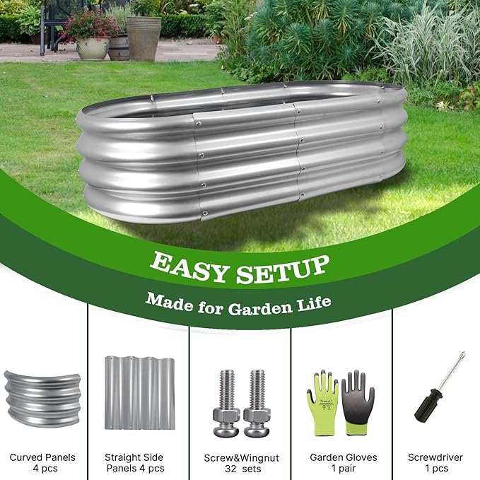 1-Pack 4 * 2 * 1FT Raised Garden Bed Kits, Outdoor Oval Metal Galvanized Ground Planter Garden Boxes for Planting Plants Vegetables Flowers Herbs Fruits, Silver