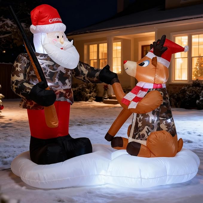 TRMESIA 6FT Christmas Inflatable Camouflage Santa with a Gun and Camouflage Deer Decoration with LED Lights,Blow up for Indoor Outdoor Lawn Garden Front Yard Holiday Display