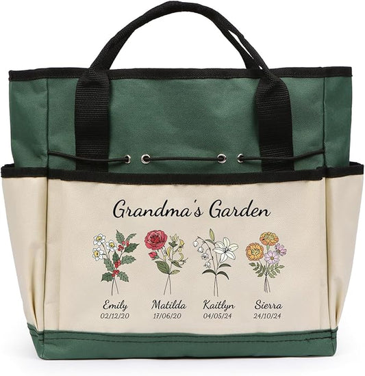 Personalized Garden Tools Set for Women: Custom Text Garden Tool Bag and Garden Shovel & Transplant Shovel & Hand Rake - Gardening Gifts for Mom Grandma Gardening Lover (4 Flowers)