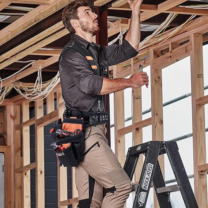 Tool Belt With Suspenders - Tool Belts for Men, 22 Pockets Tool Belt, Heavy Duty Tool Organizer for Framers Carpenter Electrician Construction Woodworker Orange