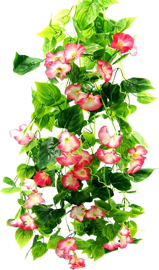 FERIAL Artificial Vines Rosered Morning Glory Vine Artificial Flowers Hanging Plants Garland Fake Green Plant for Wall Fence Indoor Wedding Banquet Decor