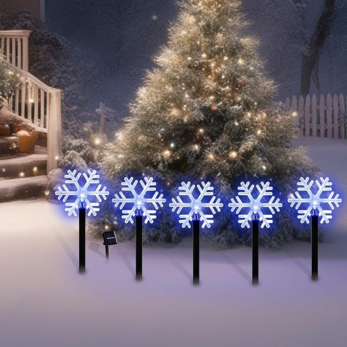 BRIGHTDECK Snowflake Solar Christmas Decorations Outdoor, 10 Pack LED, Waterproof Snowflake Pathway Lights, Stake Lights for Christmas Garden Decor (10Pcs Blue)