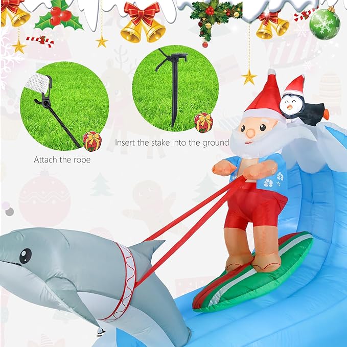MUMTOP 7.55FT Long Christmas Inflatables Outdoor Decorations, Inflatables Surfing Santa Claus with Penguin Dolphin Blow up Christmas Yard Decoration Built-in LED Lights for Outdoor Party Holiday Decor