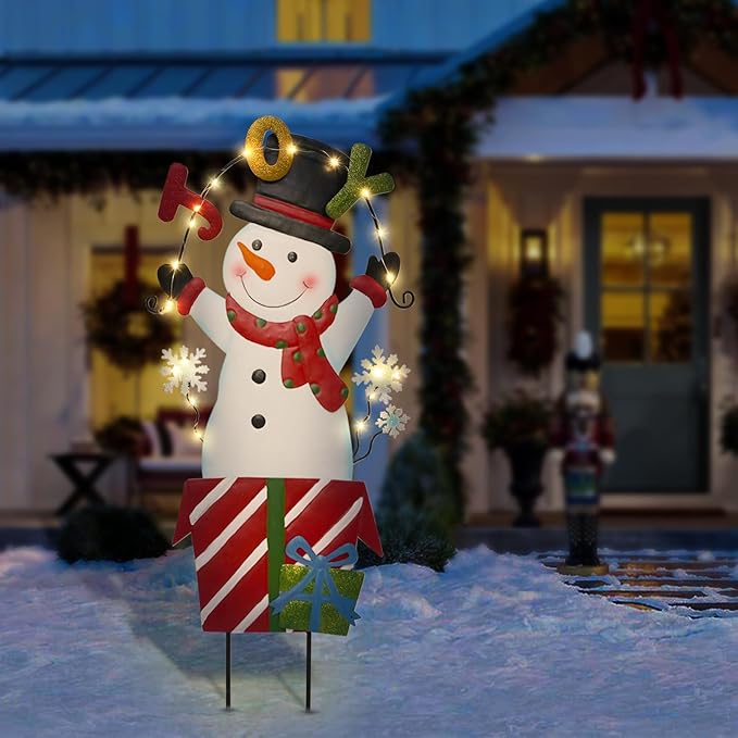 Christmas Outdoor Yard Signs Decorations, LED Solar Metal Garden Stake Lights with Joy for Patio Lawn Christmas Decor (Snowman)