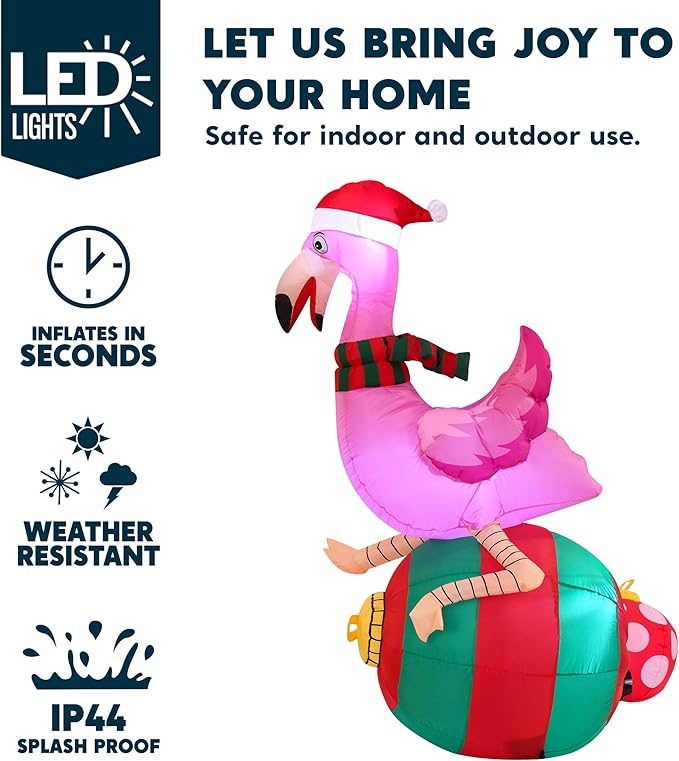 Joiedomi 6 ft Christmas Inflatable Flamingo on Ornament Decorations, Blow Up Inflatables with Build-in LEDs for Christmas Party Indoor, Outdoor, Yard, Garden, Lawn Décor, Holiday Season