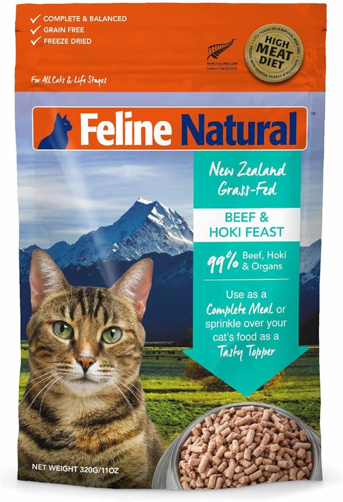 Feline Natural High Protein Dry Cat Food, Freeze-Dried Diet with 98% Meat, Organs & Seafood, No Peas, Grains, or Artificial Additives, Made in New Zealand, Beef & Hoki, 11oz